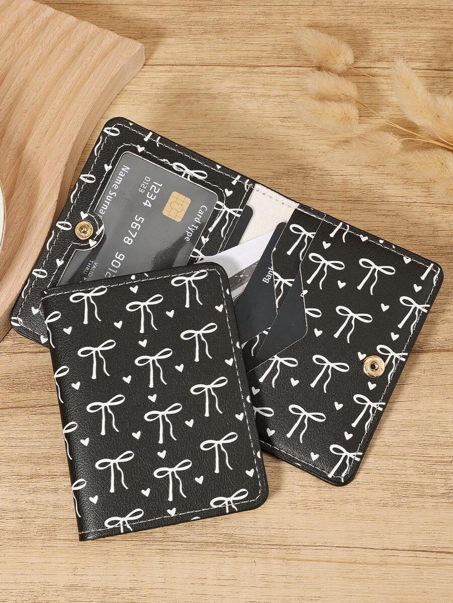 Schwarze Schleife Liebes Muster Mini Geldbörse Tasche Portemonnaie Mode minimalistisch Kartenhalter schlank leicht tragbar für Bargeld, Ausweis, Kreditkarte, Münzfach als Geburtstagsgeschenk, Jahrestags-Geschenk für Liebhaber, Frauen, Mädchen, Teenager, Studenten, Schüler, Männer - Schwarz - Übersicht 1
