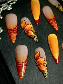 可爱巴洛克Y2K西部风亮面金属斑马纹和豹纹美甲套装,包含10片法式美甲贴纸(白色、金色、绿色、橙色),长尖亚克力按压式美甲贴片,饰有3D雕刻花朵、3D珠子、3D金戒指和钻石,打造猫眼法式Y2K哥特风格,适合新年假期和日常佩戴,套装内含凝胶贴纸和指甲锉。美甲用品 - 亮橙色 - 查看 4