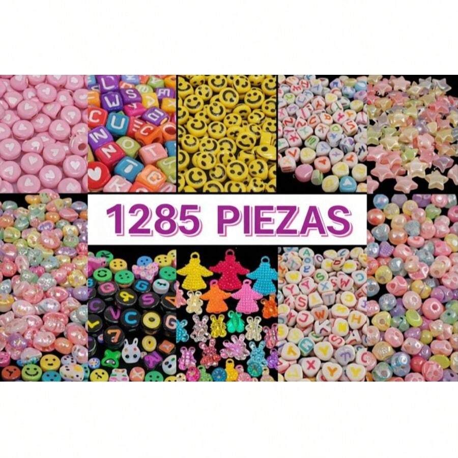 Set 1285 piezas para crear joyería , da vida a tu creatividad con este completo kit para hacer pulseras, collares, llaveros etc. variedad de cuentas de acrílico perfecto para diseños modernos, coloridos - Multicolor - Ver 1