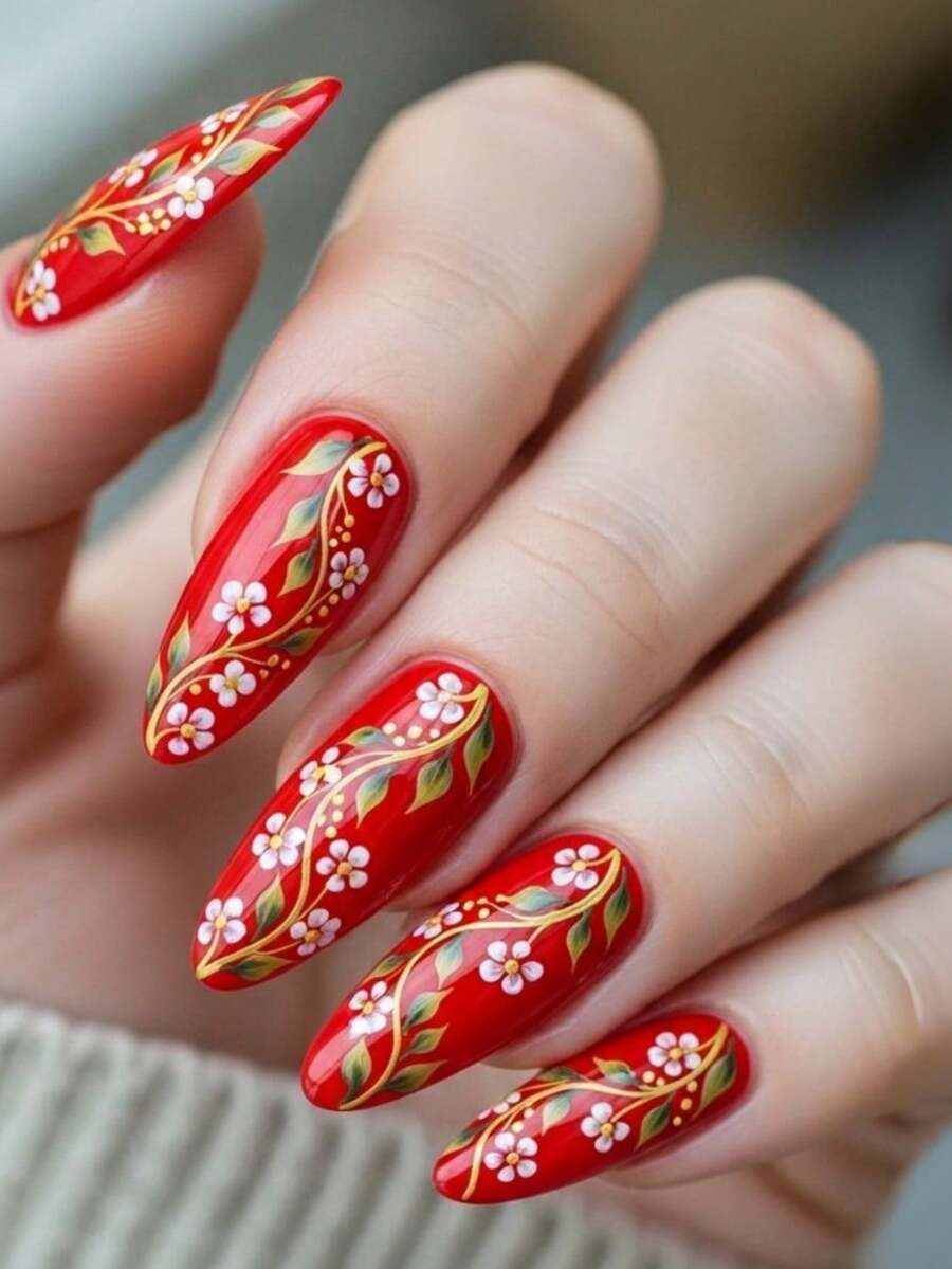 24片花朵图案红色美甲贴纸，美甲用品，Y2K风格杏仁形美甲 - 紅色 - 查看 1