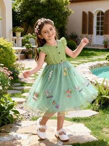 女童优雅夏季连衣裙 - 浅绿色花卉刺绣网纱连衣裙，泡泡袖，仿纽扣和荷叶边细节，适合春夏穿着 - 薄荷綠 - 查看 3