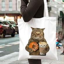 1pc Funny Cat, Donut & Coffee Print Canvas Tote Bag, Fabric Travel Handbag For Daily Use