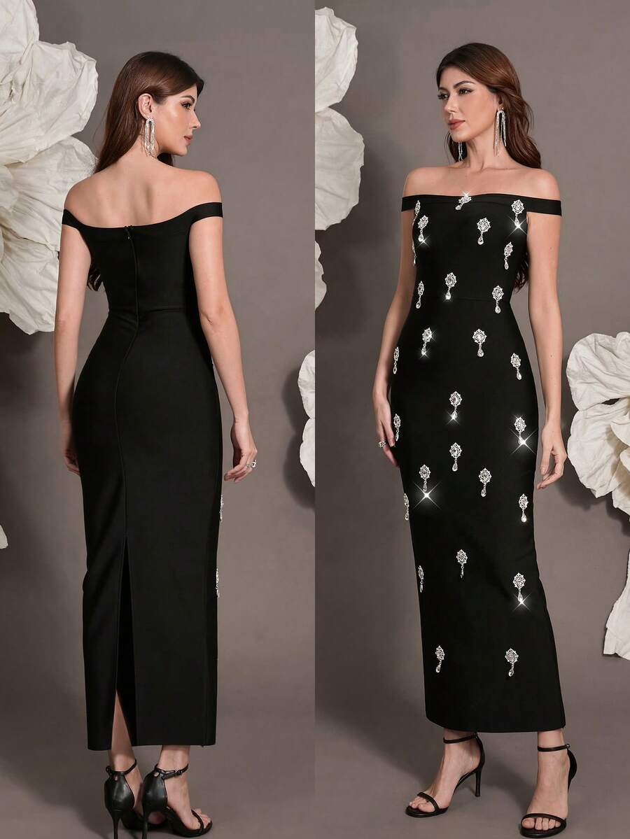 Vestido de punto con aplicaciones de strass hechas a mano, silueta ajustada, estilo europeo de lujo, adecuado para reuniones familiares, fiestas, galas y eventos formales - Negro - Ver 1