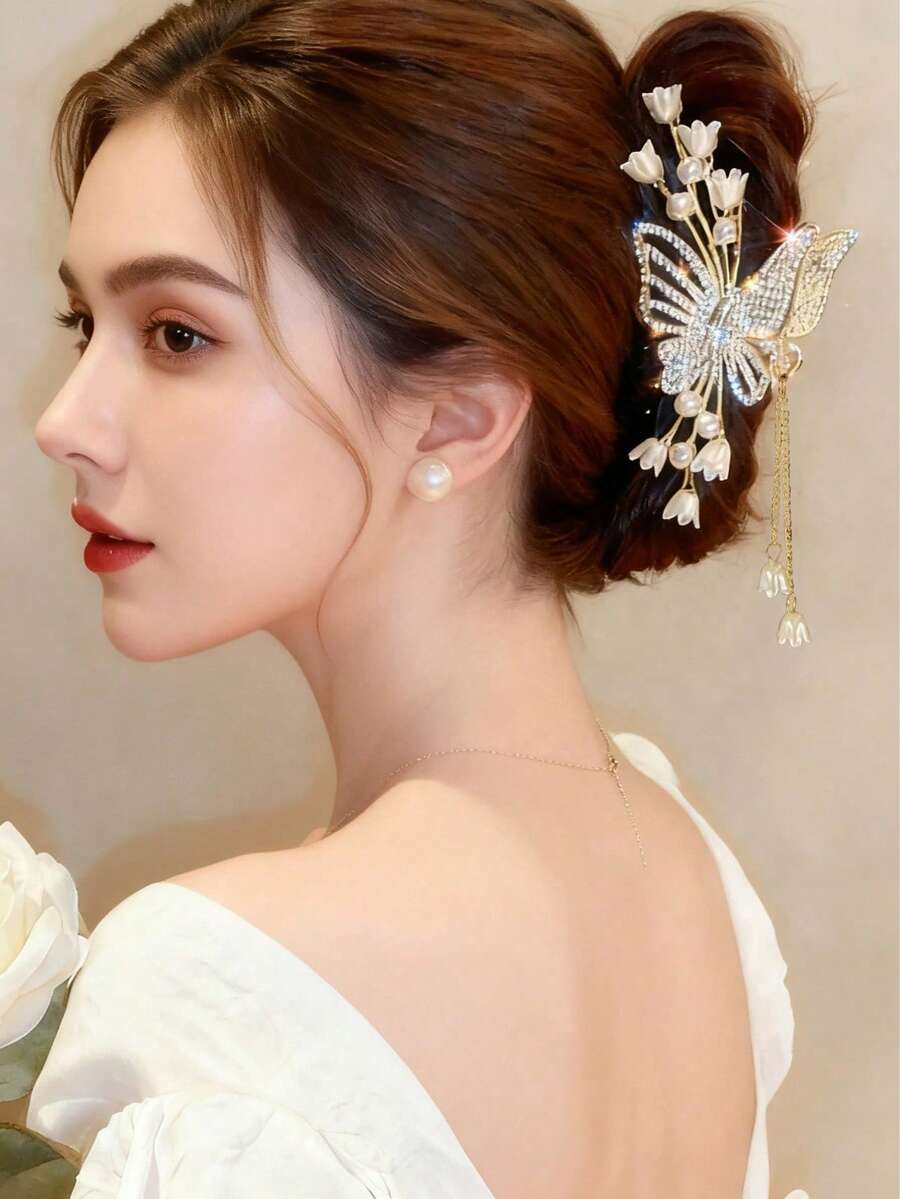 铃兰与蝴蝶花优雅大号发夹，超大号发夹，适合浓密头发，女士优雅发饰 - 鈴蘭花蝴蝶 - 查看 1