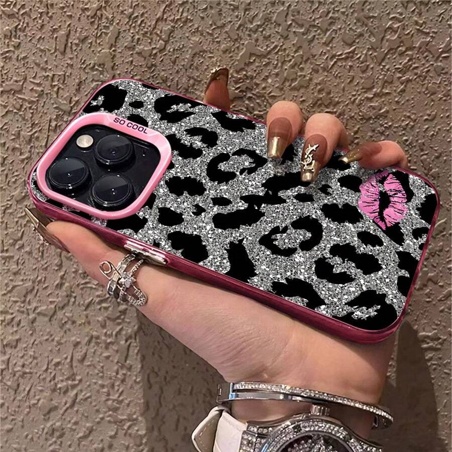 1pcs Glitter Leopard Print With Pink Kiss Phone Case Compatible With Apple Phone 17ProMax 16 15 14 13 12 11ProMax Pro Xs Max XS X 7plus 8plus Silicone Shock Proof Vintage Funky Fashion Stunning Can Be Given To Friends Can Be Given To A Lover - Hồng - Xem 1