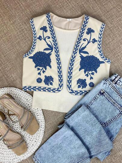 Women's Retro Sleeveless Jacket, Mini Vest Outwear, Spring/Summer