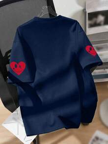 一件装街头风爱心图案青少年T恤，适合青少年男孩，笑脸图案上衣，春夏休闲户外服饰 - 藏蓝色 - 查看 2