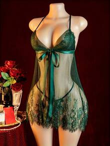 Sexy Transparent Tulle Lingerie Set - Underwired Bra (Without Padding), Thong Panties With Lace And Adjustable Straps - Verde - Xem 2