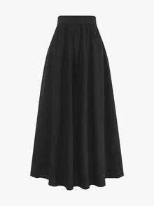 Elegant Women's French Style Black Long Flared Pleated Polyester Skirt, With Zipper Detail, Slightly Stretchy Fabric, Fashion Versatile For Date, Commute, All Seasons, Ramadan - Black - View 1