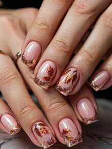 24pcs French Maple Leaf Pattern Nail Stickers, Multi-Color Glitter, Press-On Fake Nails, Nail Art Supplies, Y2K Style - Baby Pink - View 8