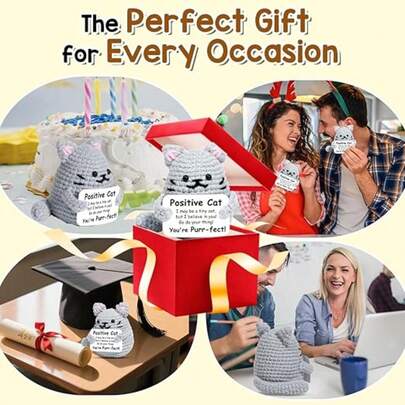 1件充满正能量的钩针编织猫咪摆件，圣诞节礼物，送给爱猫人士的温馨小礼物，送给女士、男士、母亲、父亲的礼物，生日礼物，情人节礼物，可爱主题装饰品