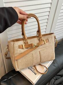 1pc Fashionable Casual Solid Color Multi-Pocket Shoulder Tote Bag, Large Capacity Women's Commuter Bag - Khaki - View 8