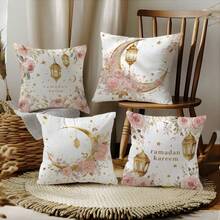 4PCS Moon Festival Pink Gold Flower Moon Lantern Text Pattern Pillow Cover, Single-Sided Printing, Suitable For Home Bedroom, Living Room, Room Sofa Decoration, Decorative Cushion Cover, Holiday Gift Gift Does Not Include Pillow Core - Multicolor - View 1