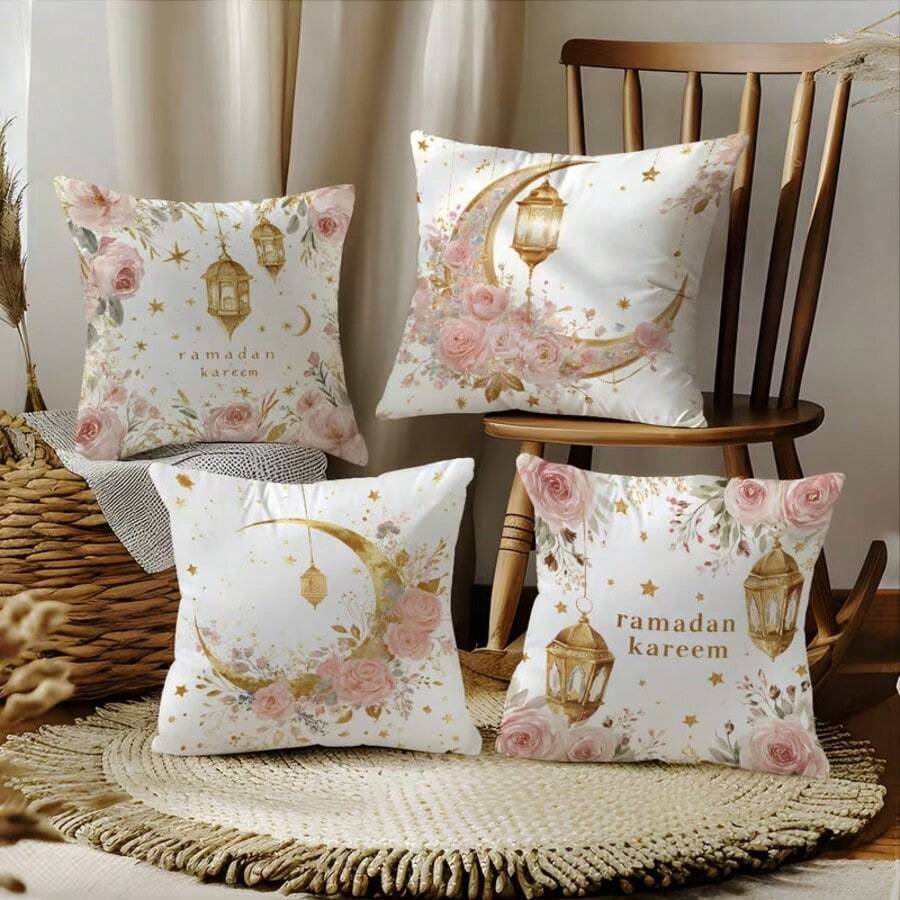 4PCS Moon Festival Pink Gold Flower Moon Lantern Text Pattern Pillow Cover, Single-Sided Printing, Suitable For Home Bedroom, Living Room, Room Sofa Decoration, Decorative Cushion Cover, Holiday Gift Gift Does Not Include Pillow Core - Multicolor - View 1