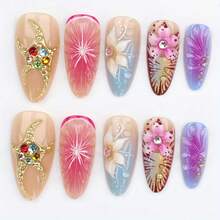 24pcs 3D Push-On Nails With Almond Shaped Medium Length Press Nails - Detachable Nail Art Suitable Parties, Weddings, Prom - 3D Flower,, Lily & Designs - Application With Tools Included (Women's Nail) - 3D立體雕刻法式 - 查看 5
