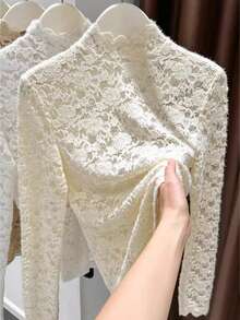 Apricot Turtleneck Lace Camisole, 2025 New Autumn/Winter Mesh Layering Sheer Top, Elegant - Apricot - View 5