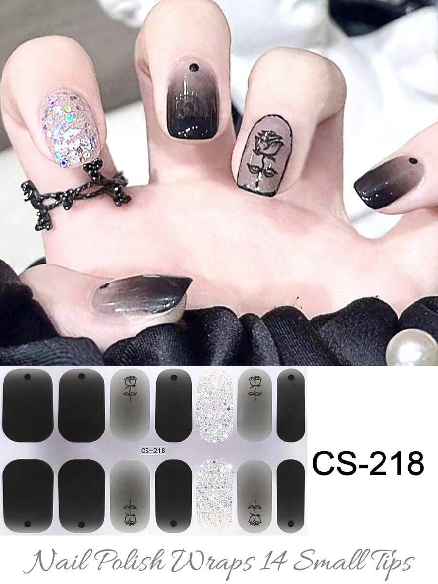 1张14片半固化凝胶美甲贴纸，超长指甲油贴纸，亮面凝胶封层，粉色炸弹美甲用品
