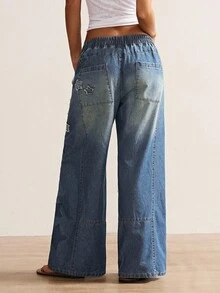 Ladies' Y2K Star Patch Patchwork Loose Jeans, With An Elastic Waist And Wide Legs Design - Casual Drawstring Loose Street Style Long Pants - Blue - View 2