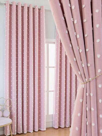 1pc Sweet & Cute White Fluffy Ball Double-Layer Blackout Curtain, Pink High-Density Polyester Lining Fabric, Integrated Fabric & Sheer Design, Eyelet Top, Soft, Smooth, Washable, Dimensional Effect, Suitable For Bedroom, Living Room, Office, Dorm, Valentine's Day, Wedding, Party