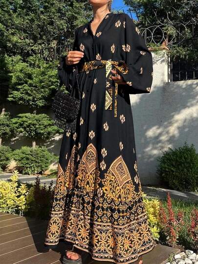 Vår-/sommarklänning för kvinnor, vintagetryckt klänning med bälte och knappar