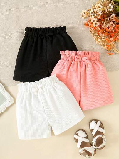 3pcs Young Girl Casual Comfortable Versatile Shorts , Waffle Non-Stretch Fabric, All-Match All-Season Casual, Cute Shorts, Lively, Comfortable Fit, Suitable For Outdoor Wear
