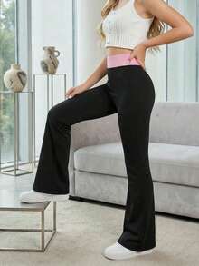 Pantaloni a vita alta a zampa d'elefante in maglia colorblock per ragazze pre-adolescenti, casual sportivi, adatti per uso quotidiano, ritorno a scuola (YY1038) - nero - Visualizzare 5