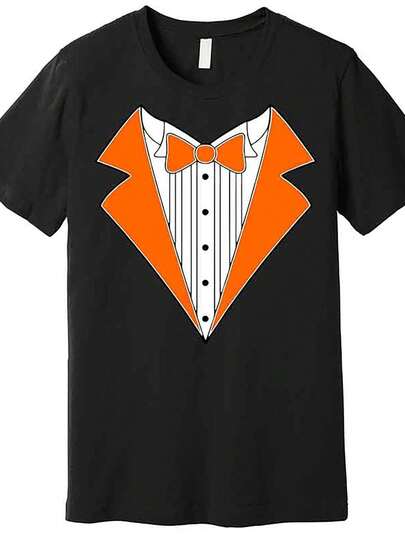 Camiseta de algodón con estampado de esmoquin retro naranja para hombres – Cuello redondo casual, ajuste holgado, manga corta, talla, adecuada para Pascua, Día de San Patricio y actividades al aire libre, talla GXMT
