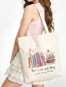 1/2pcs Set Large Capacity Beige Canvas Floral & Book Themed Printed Tote Bag And Zipper Storage Bag Set, Fashionable Floral & Book Themed Shoulder Bag, Shoulder Bag, Multifunctional Portable Travel Storage Makeup Set, Suitable For Back To School, Graduation, Travel, Birthday, Anniversary, Teacher's Day, Thank You Gifts, Essential For Students And Teachers, Great For Travel