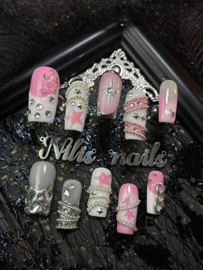 10pcs AcrylicPress On Nails Square Nails,Pink&Silver&White Nails,Silver&White&Pink French,White Tie Dye,3D Stereo Diamonds&Stars&Steel Nails&Chains&Chain Beads Nail Accessories Decoration,Handmade Chrome Powder Geometric Patterns&Star Patterns,Y2k Style Wearable Nail Art Set,Acrylic Nail Supplies Are Suitable ForFestivals,Daily,Gatherings,Parties&Ball Wear(With: A Piece Of JellyGlue And A Friction Strip) Nail Stuff
