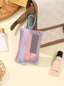 小型网状拉链化妆包，多种颜色可选，包含便捷零钱包、钥匙扣、卡包和口红盒，女士化妆包，户外便携收纳包，小型化妆包，口红补妆包 - 彩色 - 查看 4