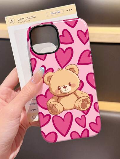 1 pieza Funda de teléfono suave y brillante 2 en 1 con lindo patrón de oso de dibujos animados y corazón, compatible con Samsung/ 11/12/13/14/15/16/17 Pro Max