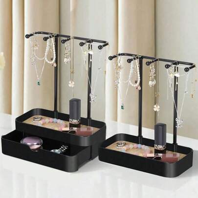 Organizador de joyas de 2 niveles con cajón deslizante y soporte de exhibición, elegante almacenamiento de tocador para collares, pulseras, aretes, anillos y accesorios, elegante organizador de llaves de entrada, perfecto para regalos festivos y glamour cotidiano