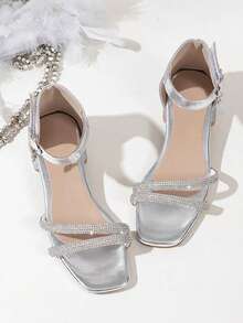 1 Pair Children's Sparkling Rhinestone High Heel Sandals, Featuring Fashionable T-Strap Design, Rhinestone-Encrusted Uppers, Elegant Ankle Strap And Pendant Decor, Chunky Heel For Stability. Suitable For Little Girls To Wear At Formal Occasions Like Weddings, Parties Or Birthday Events, Shining Brightly With Every Step And Becoming The Center Of Attention. - Silver - View 3