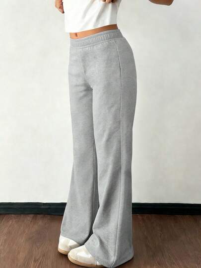 1 pieza Pantalones acampanados casuales de exterior de niña preadolescente con textura de gofre, versátil y de moda, para primavera/otoño