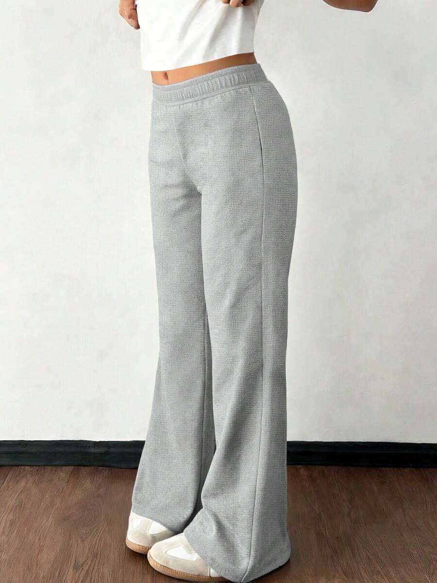 1件装少女华夫格休闲户外喇叭裤，百搭时尚，春秋季 - 淺灰色 - 查看 1