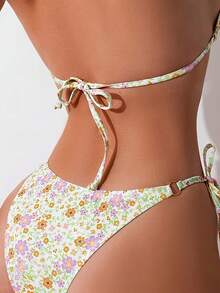 Conjunto de bikini con espalda retorcida con estampado floral diminuto, para vacaciones y playa - Lila Púrpura - Ver 4