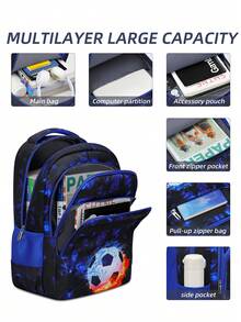 3pcs/Set Football Print Backpack With Lunch Bag & Pencil Case, Large Capacity Lightweight Backpack, Polyester Fabric, Zipper Closure, Travel Casual Backpack With Side Pockets, Back To School Gift - A - View 4
