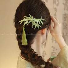 1pcs Chinese Bamboo Floral Hairpin - Elegant Vintage Hair Clip With Green Bamboo Leaves, Non-Damaging Spring Clip For Women's Updos, Braids, Buns - Wedding, Party, Everyday Hairstyle Accessory - Asian Beauty Decoration, Chinese Hair Accessories, Traditional Hairstyle, Delicate Tassels, Intricate Detailing, Decorative Hairpiece, Bridal Accessories - 2pcs - 查看 8