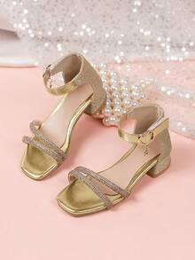 1 Pair Children's Sparkling Rhinestone High Heel Sandals, Featuring Fashionable T-Strap Design, Rhinestone-Encrusted Uppers, Elegant Ankle Strap And Pendant Decor, Chunky Heel For Stability. Suitable For Little Girls To Wear At Formal Occasions Like Weddings, Parties Or Birthday Events, Shining Brightly With Every Step And Becoming The Center Of Attention. - 金色 - 查看 7