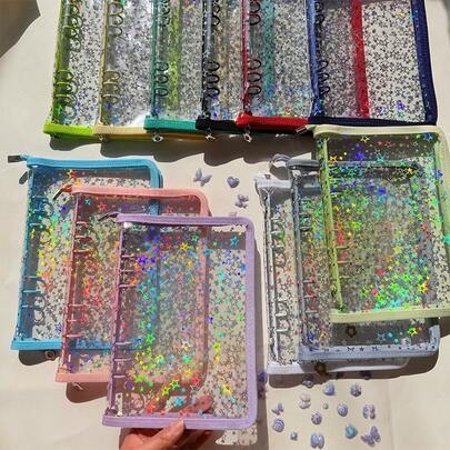 A5 Classeur à fermeture éclair en forme d'étoile colorée, peut être utilisé comme chemise de classement, livre de timbres, livre d'autocollants, trousse à crayons, également adapté pour album photo, plan d'épargne, journal intime, organisation de dossiers, classeur de budget, agenda, inserts d'agenda, en matériau PVC