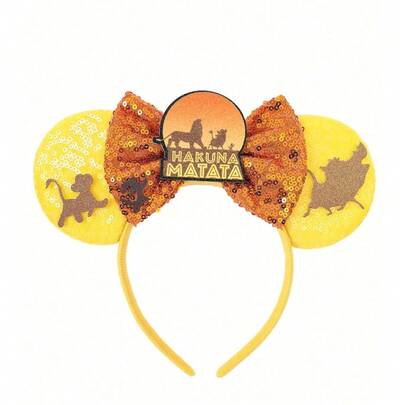Disney 1pc Shiny Cartoon Lion King Simba Theme Big Ear Sequin Headband, Women Girls Castle Theme Park Decor Hair Accessory, Student Party Costume Headpiece