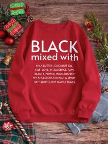 Black Crewneck Sweatshirt With White Text 'BLACK Mixed With SHEA BUTTER, COCONUT OIL, SELF-LOVE, INTELLIGENCE, RAW BEAUTY, POWER, PRIDE, RESPECT, MY ANCESTORS STRENGTH & SPIRIT, GRIT, HUSTLE, BUT MAINLY BLACK' - Casual Stylish Pullover For Self-Love & Cultural Pride-Women's Crew Neck Sweatshirt Casual Loose Long Sleeve Pullover - 紅色 - 查看 12