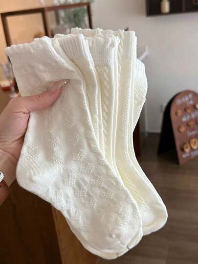 1/4 Pair Women Solid Color Ruffle Printed Mid-Calf Socks, Fashion Soft Comfortable, Suitable For Back To School Season And All Seasons, Random Color Matching