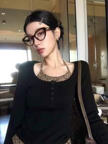 复古美式性感豹纹拼接针织高领长袖套头T恤 - 黑色 - 查看 2