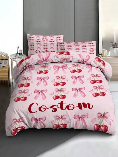 2/3pcs Name Text Customization Watercolor Cherry & Pink Bow Bedding Set, Sweet Girlish Style Bed Sheets Set, With 1 Duvet Cover And 1-2 Pillowcases, King-Size Bedspread, Bed Sheet, Soft Skin-Friendly Polyester, Machine Washable, Dry Clean.
