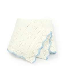 1pc Knitted Baby Blanket With Perforated Texture + Contrasting Wavy Trim, Gentle Children Blanket For All Seasons - 白色 - 查看 2