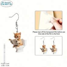 2D Plat, 1 Paire de Boucles d'Oreilles Mignons Chats Assis sur les Toilettes Lisant le Journal - Boucles d'Oreilles Pendentif Thème Chat en Acrylique Léger, Convient aux Femmes, aux Fêtes, à Porter Toute l'Année - Choix Original pour les Amateurs d'Animaux de Compagnie (Design de Chat Mignon) - Multicolore - Voir 6