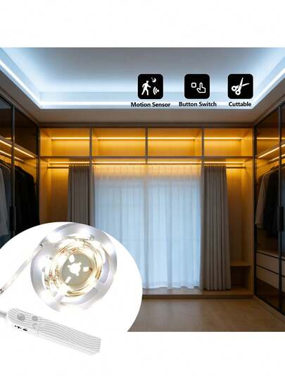 Human Body Sensor LED Light Strip, Battery/USB Dual Power Supply, Warm Light/White Light Selectable, 5 Length Specifications Available, Suitable For Multi-Scene Lighting In Staircases, Wardrobes, And Living Rooms.
