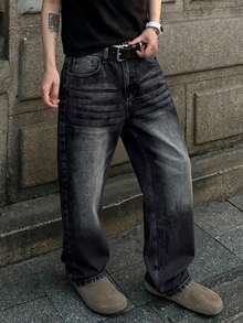 Men's Relaxed Fit Straight Leg Washed Jeans, American Casual Street Style Versatile Denim Pants, Suitable Gift For Husband Or Boyfriend - Black - View 5