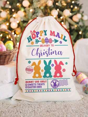 Personlig presentpåse med påskhare – anpassningsbar med texten "Happy Mail", dekorerad med färgglada haremönster. Med en polyesterdragskodesign, vilket gör den till det perfekta valet för påsk- och festpresenter.